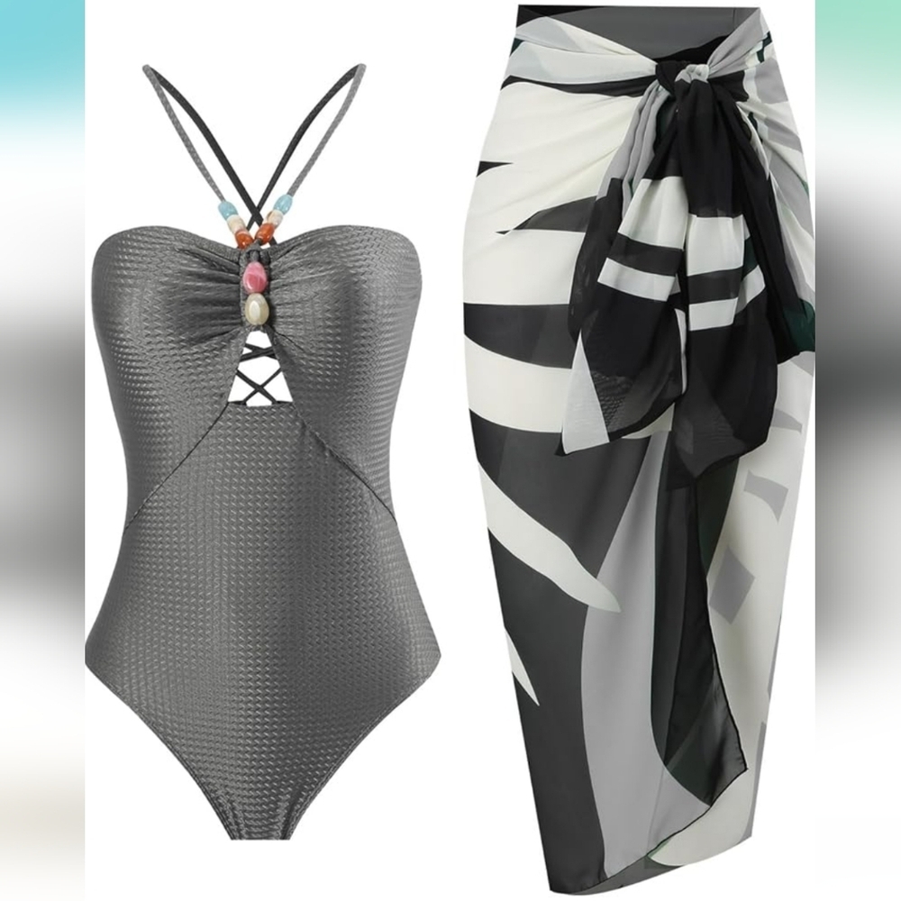 Monokini Swimsuit with Cover Up Wrap Skirt Sarong, Large, NWOT